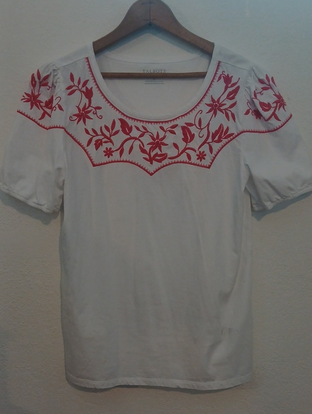 Talbots White Short-Sleeve Tee with Red Floral Embroidery